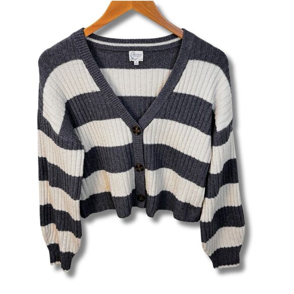 Blue Rain Striped Cropped Cardigan Sz Small Blue and Cream Stripes Button Front - Picture 3 of 14